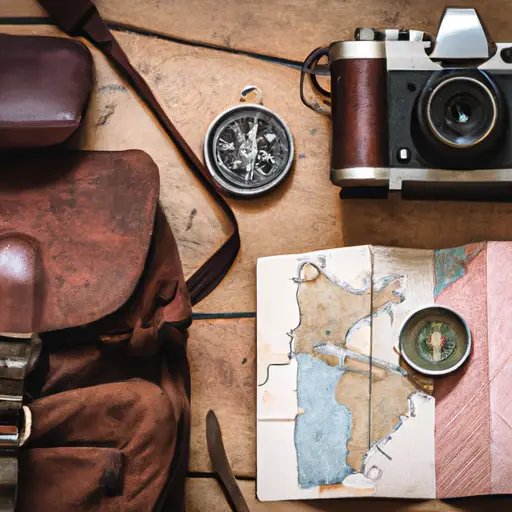 An image showcasing a stylish traveler's essentials, with a leather backpack adorned with travel patches, a vintage camera, a world map, a worn passport, and a compass on a rustic wooden table