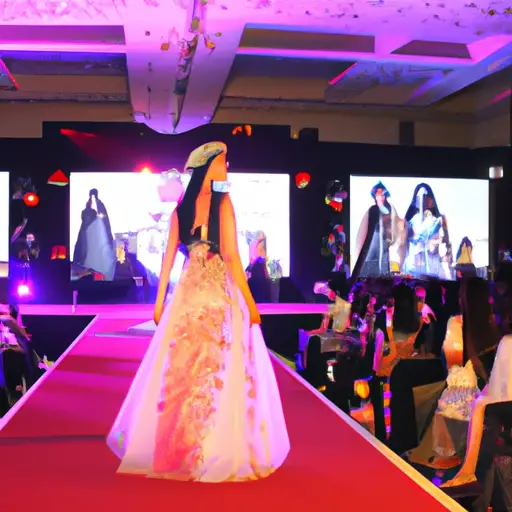An image showcasing the dazzling spectacle of the Primam Partem Veniunt fashion show, with models adorned in exquisite garments, strutting down the runway amidst a backdrop of vibrant lights and a buzzing audience