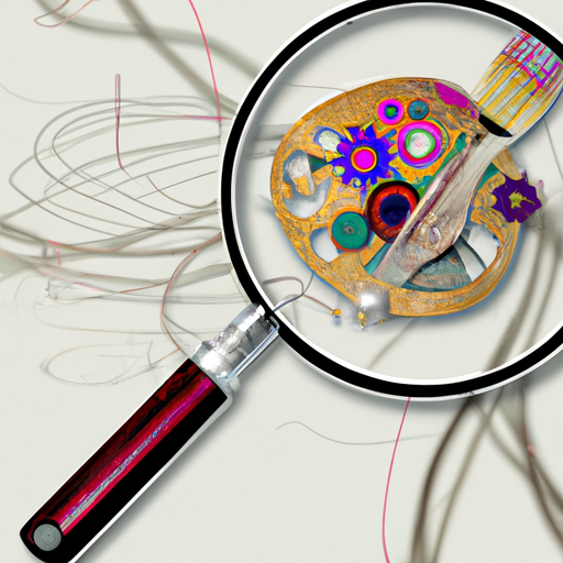 An image showcasing a magnifying glass revealing intricate gears, wires, and circuits hidden within an artist's paintbrush, symbolizing the unveiling of deceitful illusions in the world of art and design