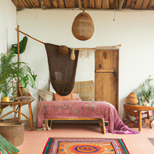 An image showcasing the essence of Boho Chic: vibrant patterns and earthy colors adorning a sunlit room, with cozy textiles, hanging plants, and rattan furniture, exuding Amplexans' unique bohemian vibe