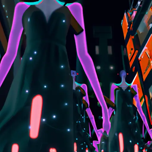 An image depicting a futuristic cityscape with neon-lit fashion boutiques lining the streets