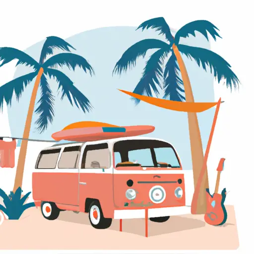 An image showcasing the essentials for a laid-back road trip, featuring a vintage Volkswagen van parked beside a picturesque beach, with surfboards strapped to its roof and a hammock hanging between two palm trees