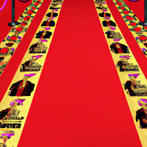An image featuring a vibrant red carpet adorned with clothing patterns of famous celebrities, symbolizing the deceptive allure of fashion trends